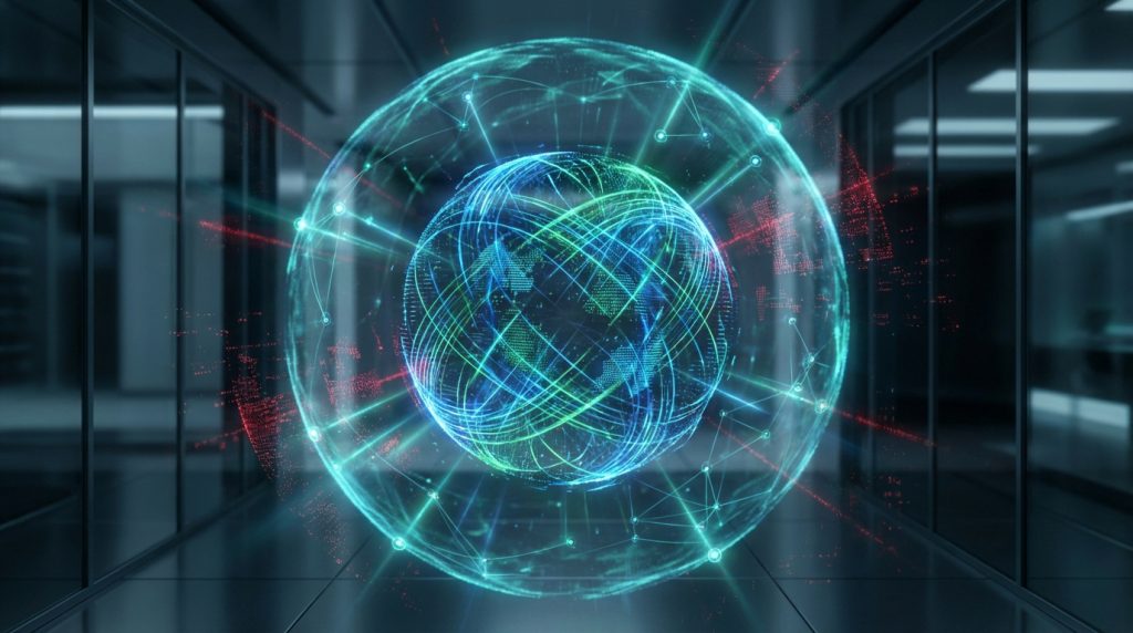 Globe numérique lumineux avec réseau de données et menaces rouges flottantes, dans un environnement de centre de données moderne.